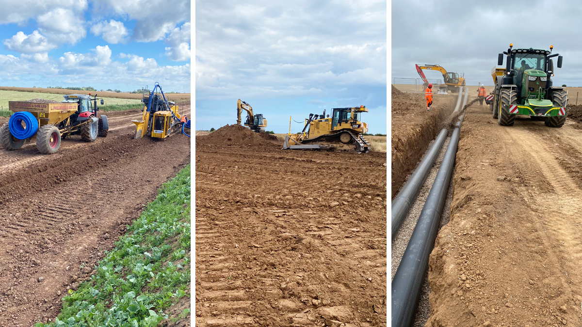 (left) Land drainage installation (centre) land reinstatement and (right) backfilling of pipework - Courtesy of Ward & Burke