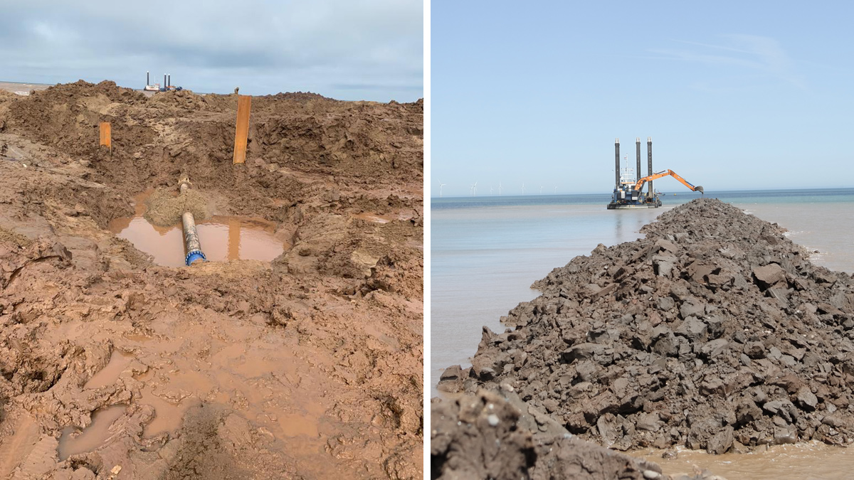 (left) Spool piece between tunnel and LSO and (right) backhoe dredger Razende Bol backfilling of trench - Courtesy of Van Oord