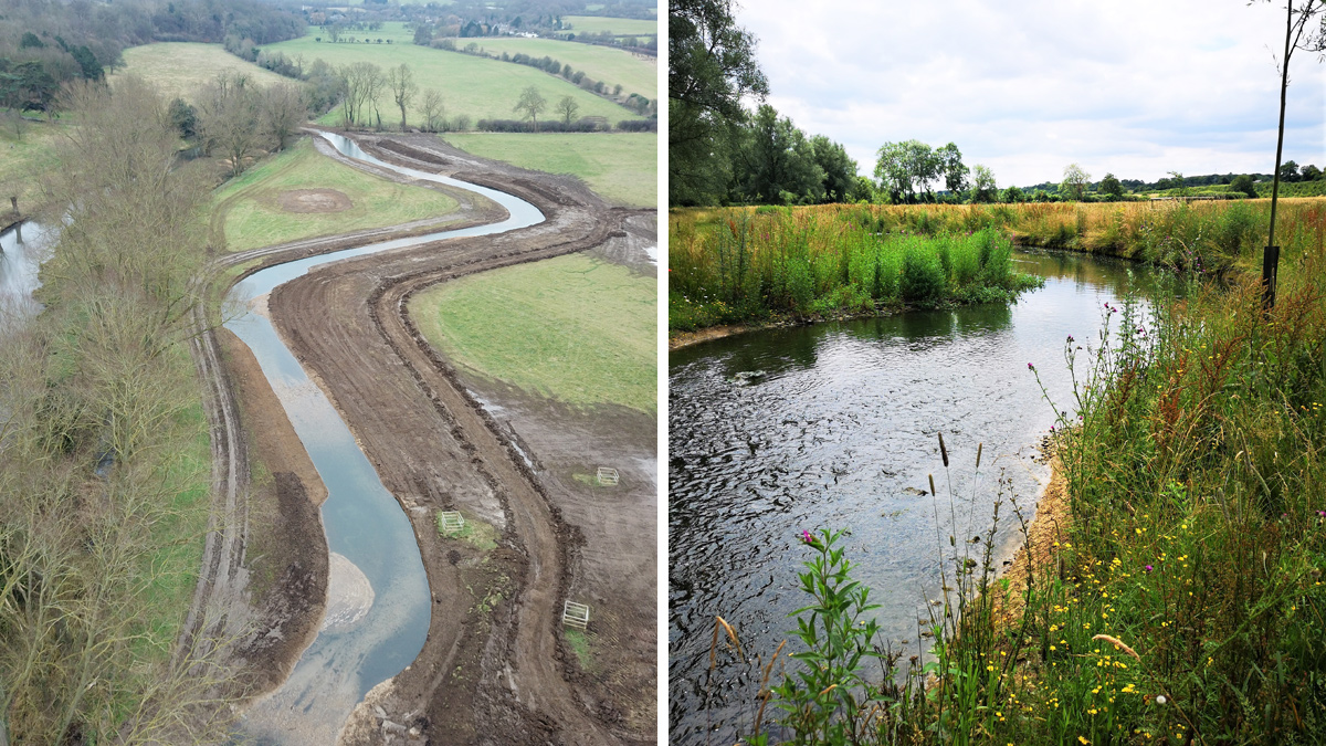 (left) Figure 5: New channel and offline pond behind Horseshoe Weir and (right) Figure 6: Phase 1 new channel (August 2019) - Courtesy of Affinity Water