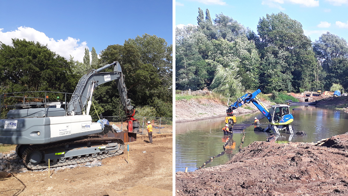 (left) Figure 8: Piling rig creating vertical sided section and (right) Figure 9: Spider excavator creating a bund to allow for a dry bed in which to construct the clay embankment - Courtesy of Affinity Water
