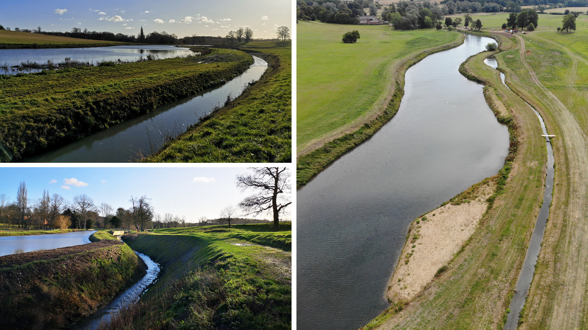 (left) Figures 13/14: Live bypass channel and Broadwater (December 2019) and (right) Figure 15: Aerial view of the new bypass channel and Broadwater (September 2019) - Courtesy of Affinity Water