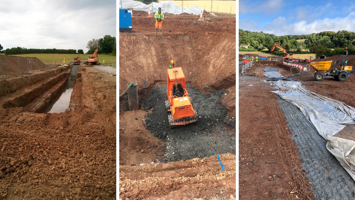 (left) Benched excavation and (middle) core remote compaction - Courtesy of Skanska. (right) Core to formation - Courtesy of Arcadis