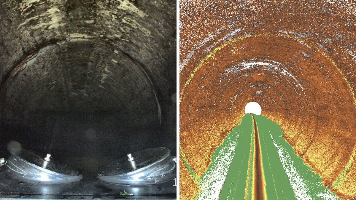 (left) Section of the sewer showing calcification and degradation and (right) the 3D point cloud at the same position - Courtesy of Headlight AI