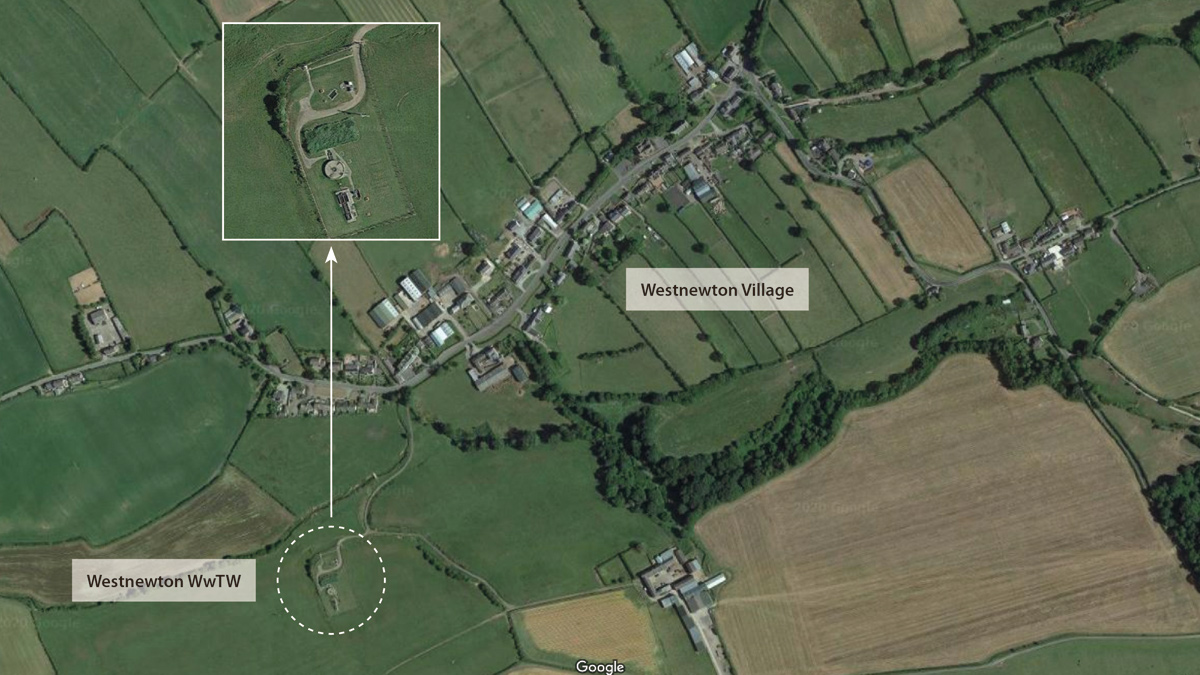 Google map showing Westnewton village and the location of the wastewater treatment works - Courtesy of United Utilities