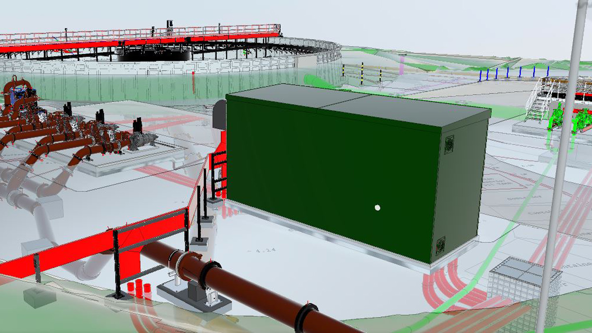 3D BIM model of the MCC kiosk, FST scraper bridge and new wash water pumping station - Courtesy of @one Alliance