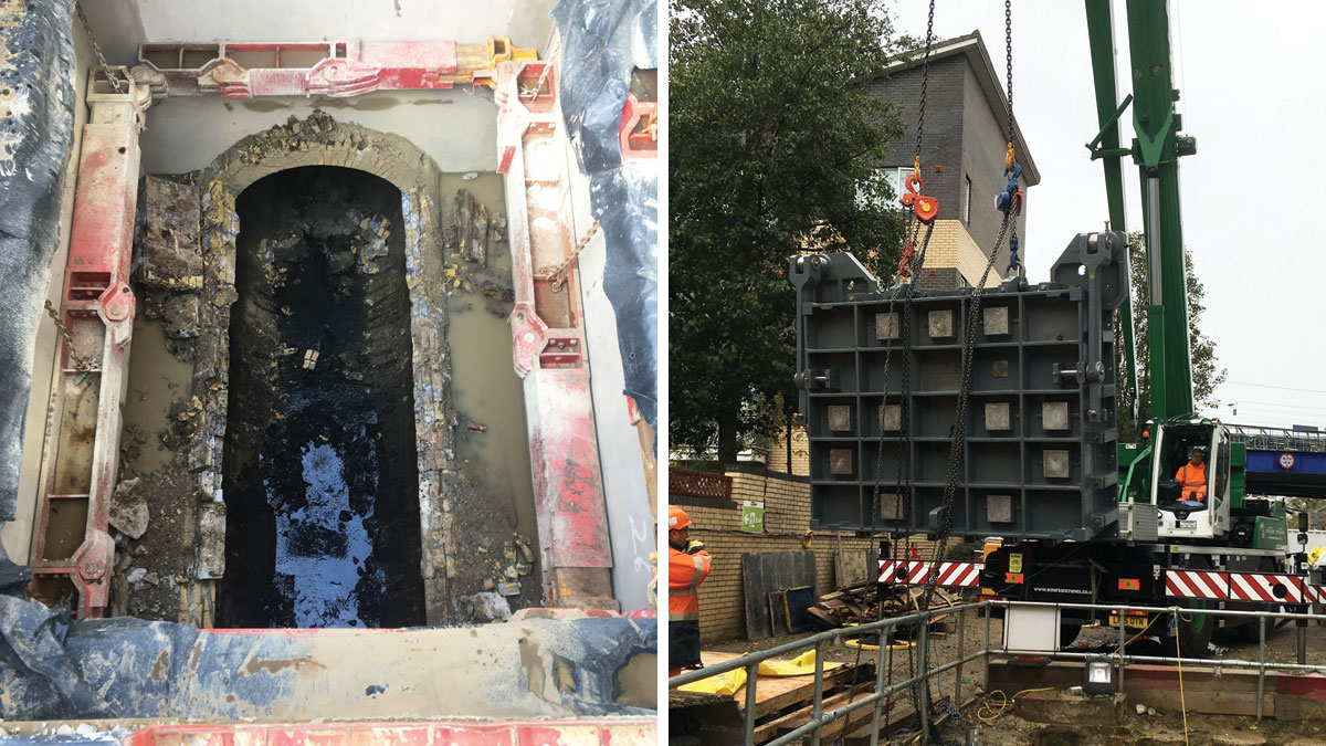 (left) Holloway Storm Relief Sewer post removal of the crown and (right) Weir chamber non-return valve being installed - Courtesy of J Murphy & Sons
