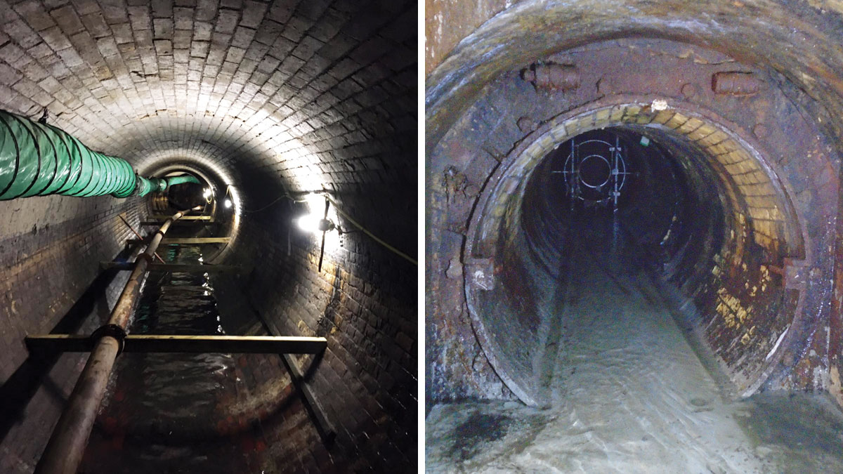 (left) Inside the Holloway Storm Relief Sewer with concrete pump lines, ventilation and lighting in place and (right) completed benching at the point where the HSRS meets the cross-connection - Courtesy of J Murphy & Son