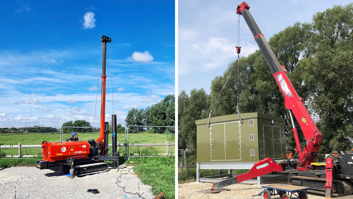 (left) Small piling rig at Belaugh and (right) Waveney kiosk lifted into place on the support framework - Courtesy of Essex & Suffolk Water