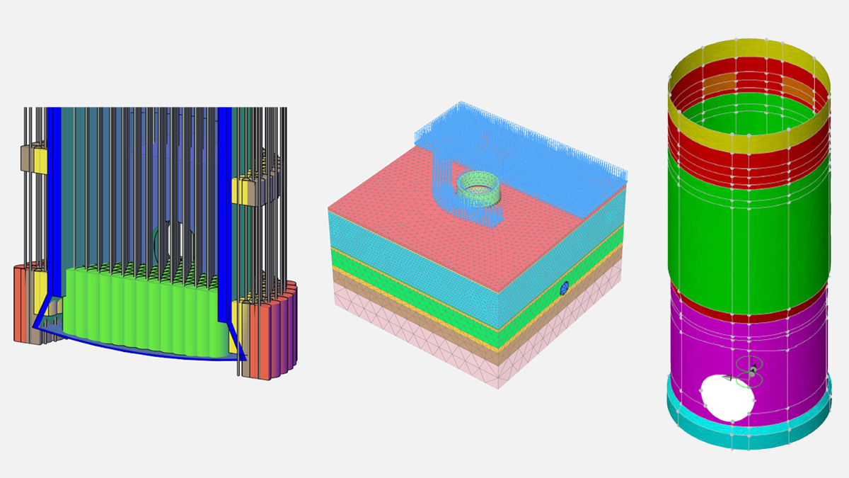 (left) Cross section of jet grouting scheme - Courtesy of Keller, (middle) PLAXIS numerical model and (right) LUSAS numerical model - Both courtesy of AECOM