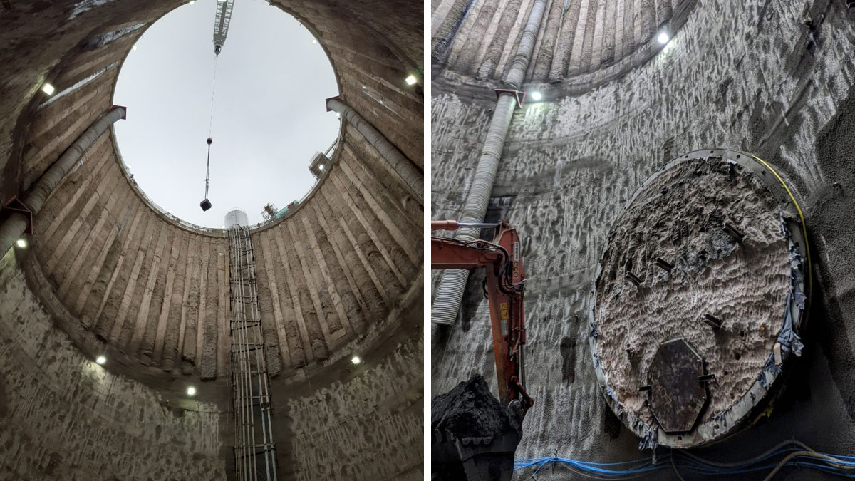 (left) Secant piled and SCL shaft primary lining and (right) Exposed foam concrete in main tunnel following breakout of tunnel within shaft - Courtesy of FLO JV/Tideway