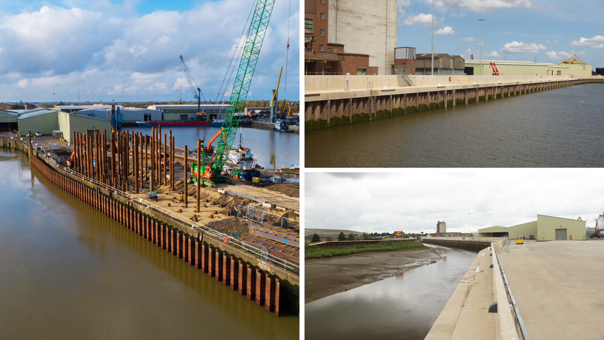 (left) Piling at load relieving platform 3 - Courtesy of Environment Agency, (top right) completed left bank flood wall as viewed from the Right Bank and (bottom right) completed flood wall and Load Relieving Platform 3 along the Left Bank - Courtesy of BMMJV