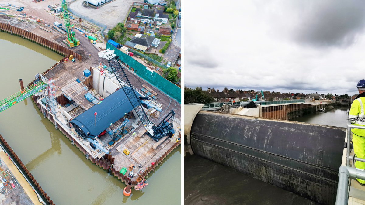 (left) Delivery of the rising sector gate and (right) rising sector gate in operation - Courtesy of Environment Agency