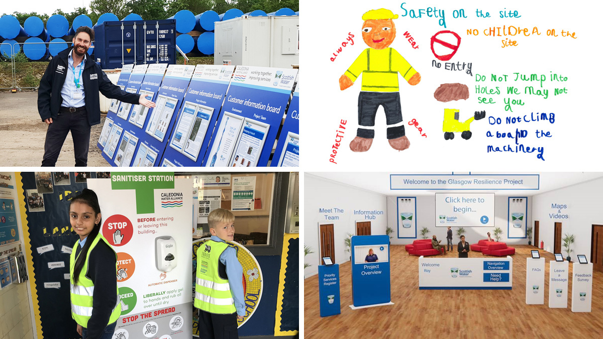 (top left) customer manager Paul Milligan with customer boards, (top right) one of the winners of the site safety poster competition from Ibrox Primary School (bottom left) CWA donated a sanitation station to Ibrox Primary during the Covid-19 pandemic and (bottom right) shows the virtual digital platform for the C1a project