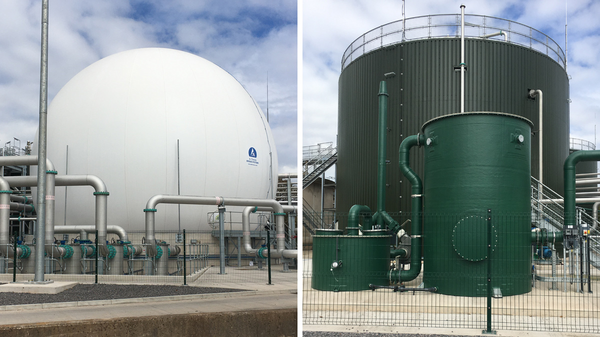 (left) Gas holder and (right) anaerobic digester in the background with odour control unit in the foreground - Courtesy Welsh Water and Skanska