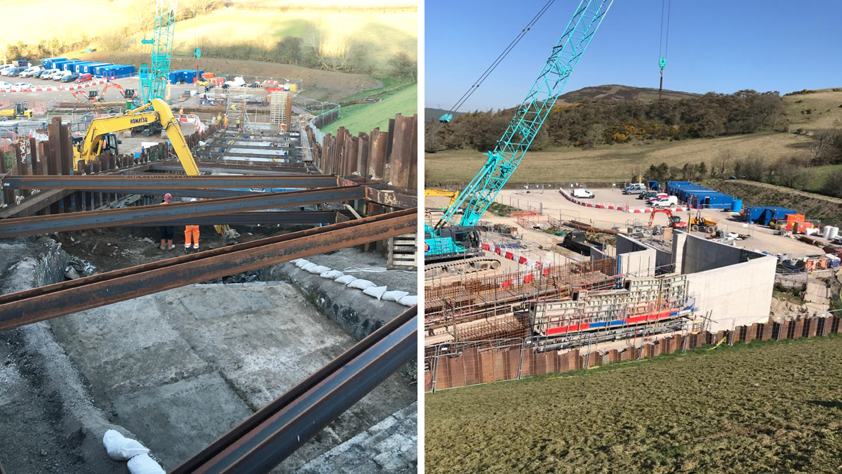 (left) Temporary works installed, excavation of the existing upper chute spillway and (right) completion of stilling basin walls and commencement of lower chute - Courtesy of MMB