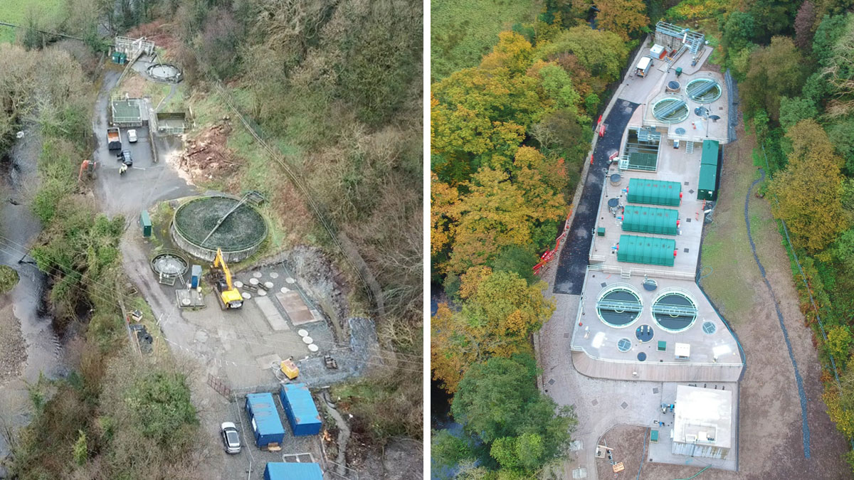 (left) Works at the start of construction and (right) the new Donemana WwTW - Courtesy of NI Water/SWELL