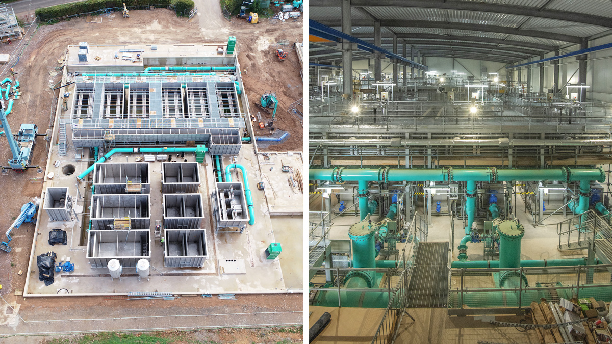 (left) Durleigh WTC in October 2020 and (right) inside the main treatment building - Courtesy of Wessex Water