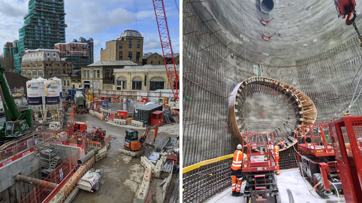 (left) View towards FALPS CSO shaft during construction with interception and (right) steel fixing around connection tunnel portal at the base of the CSO shaft - Courtesy of FLO JV