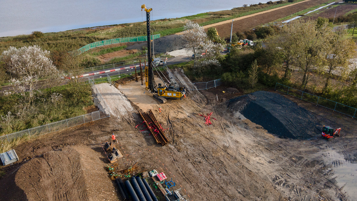Drone image of pile installation - Courtesy of DC Imaging