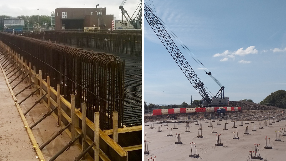 (left) ASP base slab reinforcement and (right) ASP piling - Courtesy of Lewis Civil Engineering