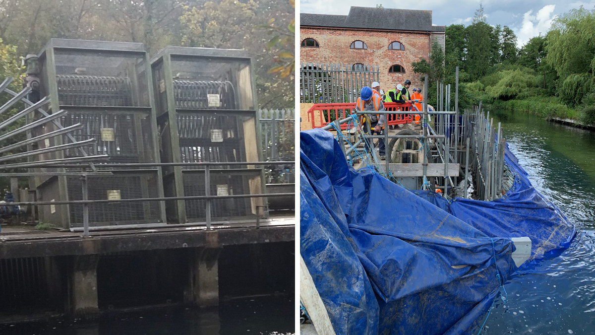 (left) Original River Itchen rake screens and (right) Barhale port-a-dam construction in the River Itchen - Courtesy of Portsmouth Water
