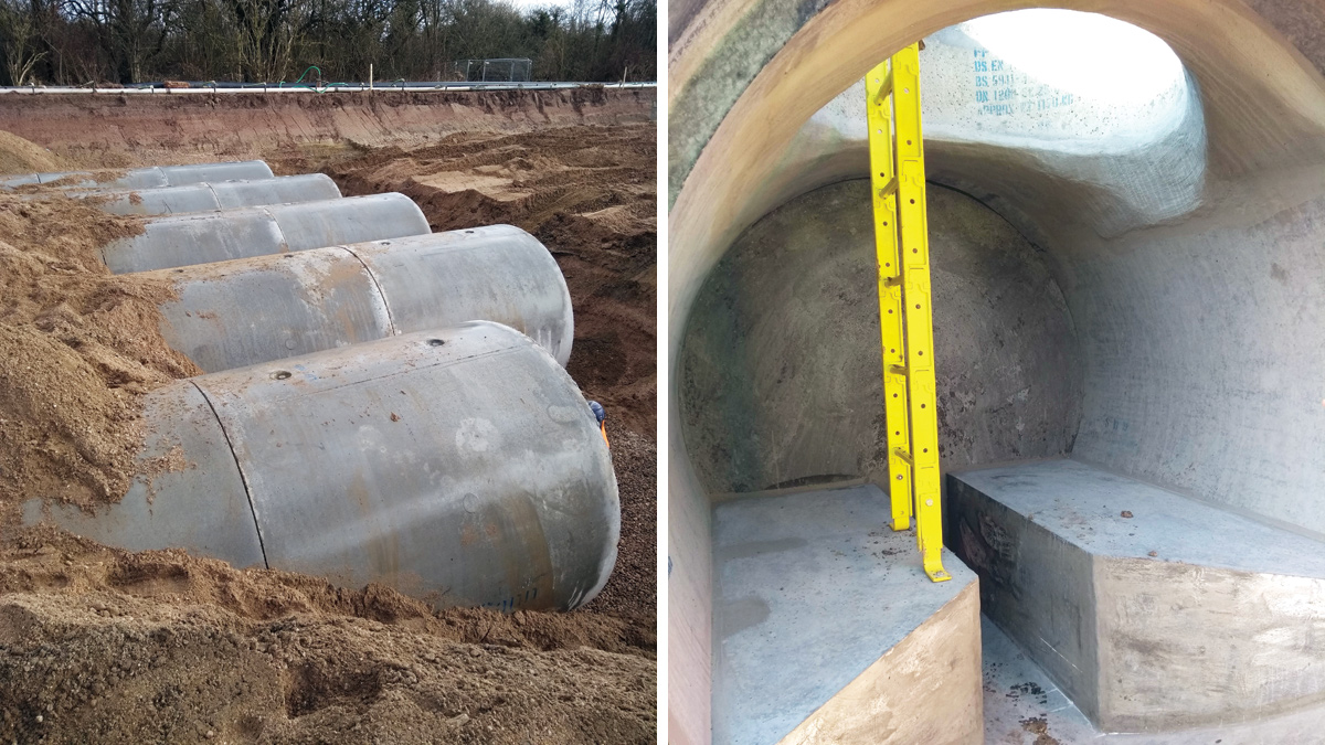 (left) 2.1m diameter offline storage tanks and (right) bespoke pre-benched manhole - Courtesy of nmcn PLC