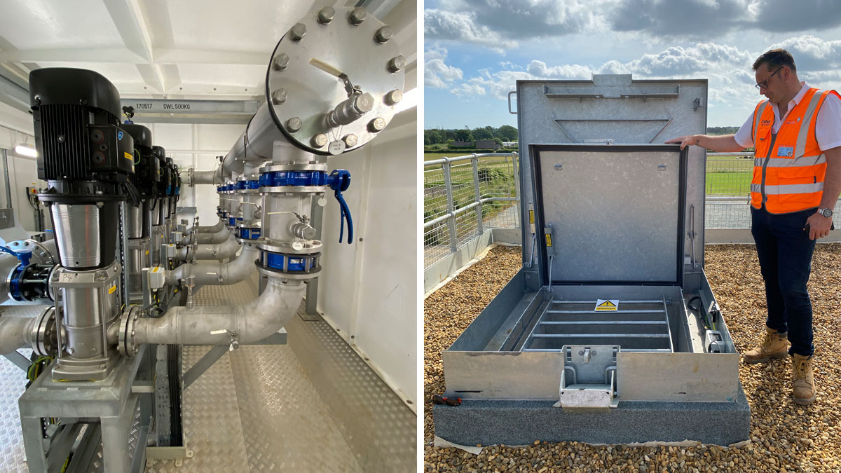 (left) Inside the relocated Spixworth Booster Station, installed at Horstead and (right) Technocover access hatch - Courtesy of @one Alliance 