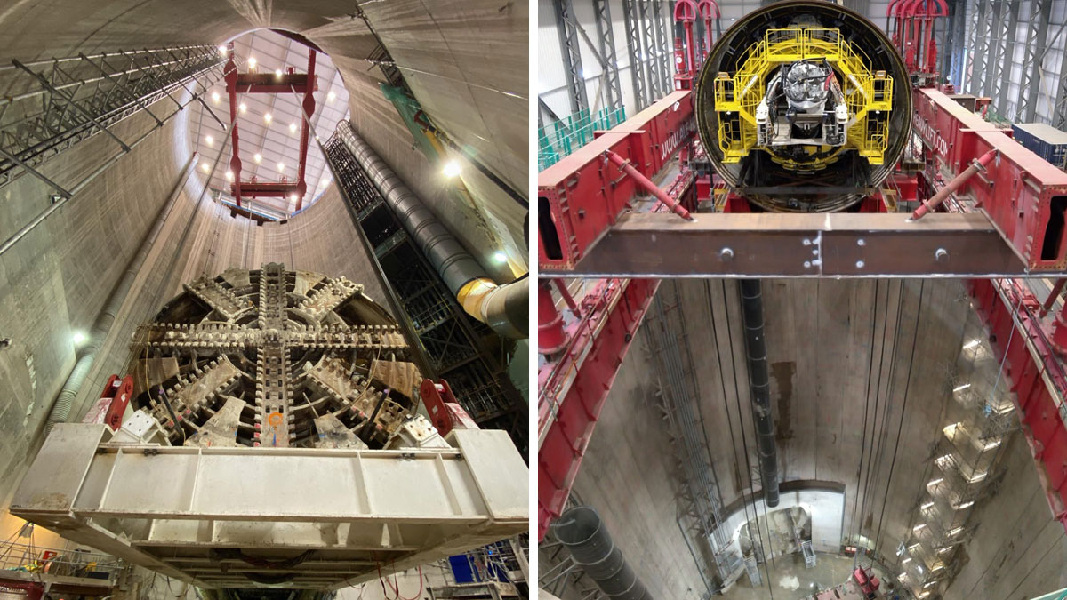 (left) TBM Ursula leaving the Chambers Wharf shaft after completion of the tunnelling works and (right) lowering of TBM Millicent at Kirtling Street Shaft to start the tunneling works - Courtesy of Tideway/FLO JV