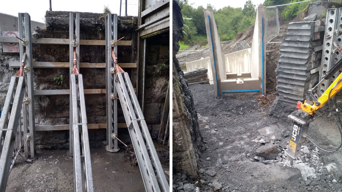 (left) Strong back wall supports and (right) demolished wall section - Courtesy of nmcn PLC
