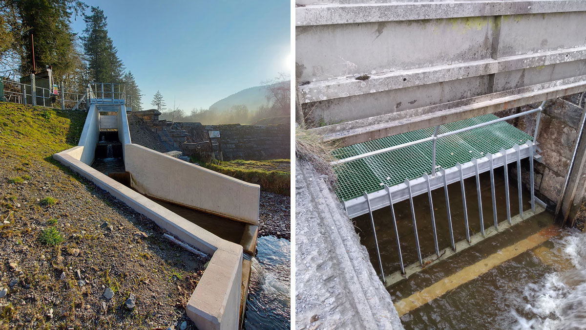 (left) Downstream river channel and (right) trash abstraction screen - Courtesy of nmcn PLC