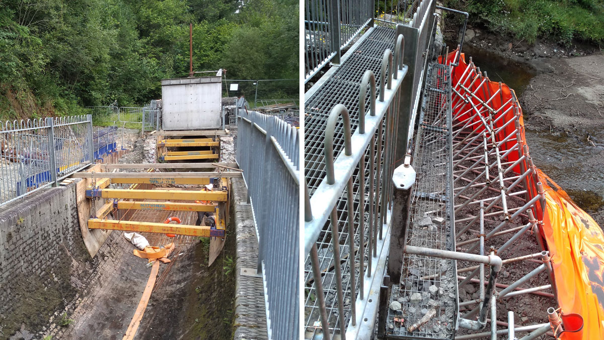 (left) Shoring used for channel and (right) upstream porta dam - Courtesy of nmcn PLC