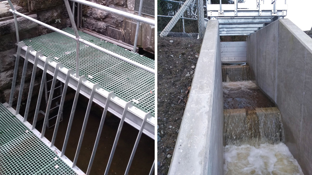 (left) Trash screens and (right) stop logs and river weir - Courtesy of nmcn plc