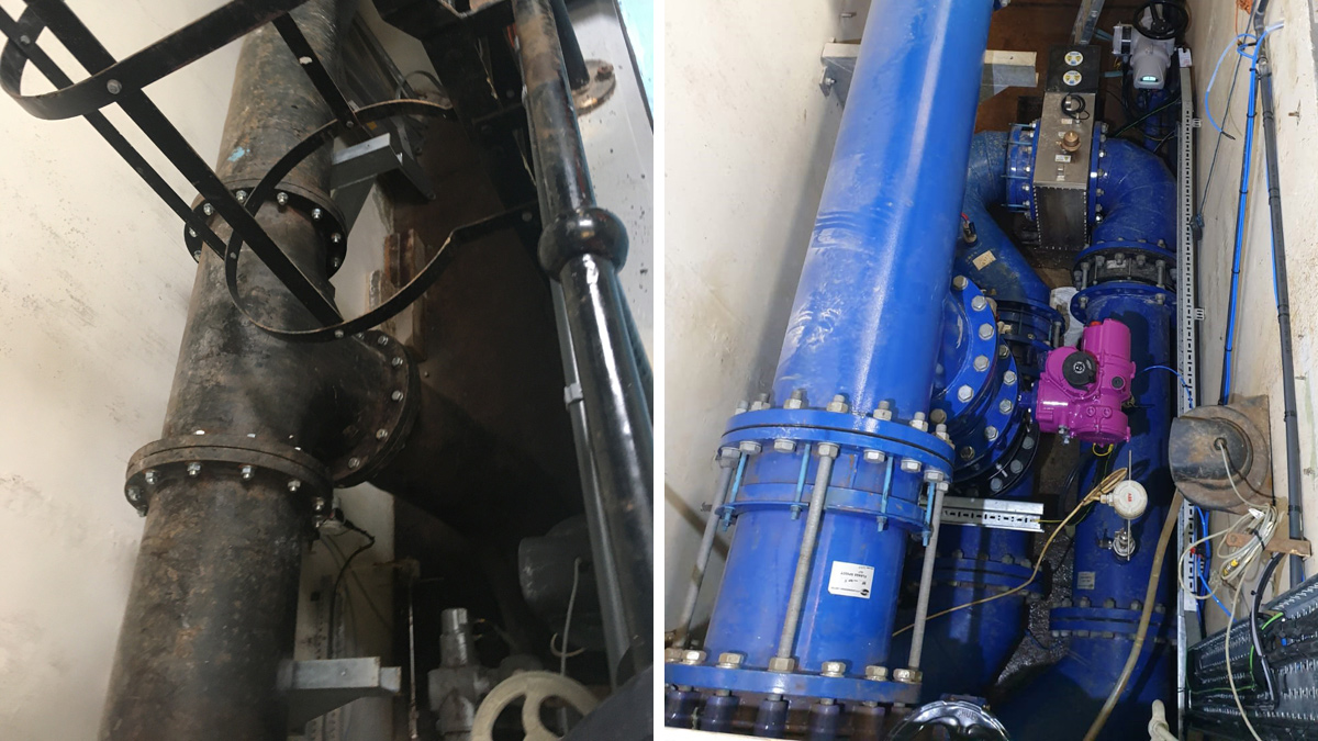 Filter outlet pipework before and after Wafer® UV generator installation - Courtesy of Northumbrian Water