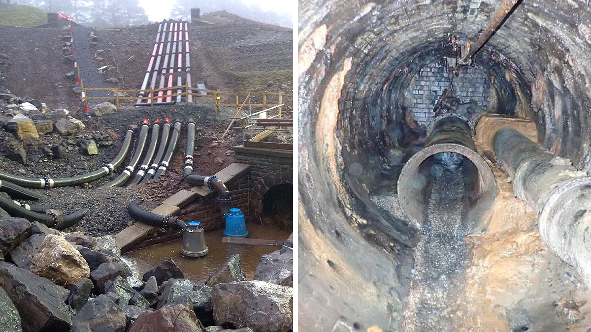(left) Over-pumping at the entrance to tunnel and (right) tunnel plug pre-removal - Courtesy of Skanska