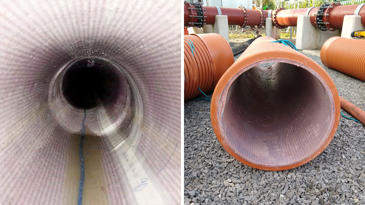 (left) Post CCTV survey of cured liner and (right) test sample pipes cured liner - Courtesy of Wessex Water