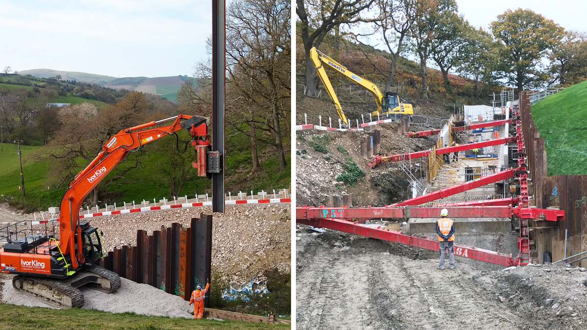 (left) Sheet pile installation and (right) temporary propping installed - Courtesy of Skanska