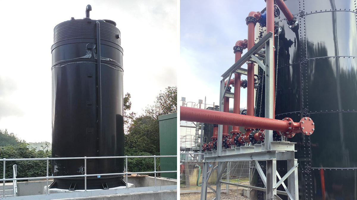 (left) Worsley WwTW caustic dosing and (right) sludge storage tank from Stortec Engineering Ltd at Worsley - Courtesy of Advance-plus