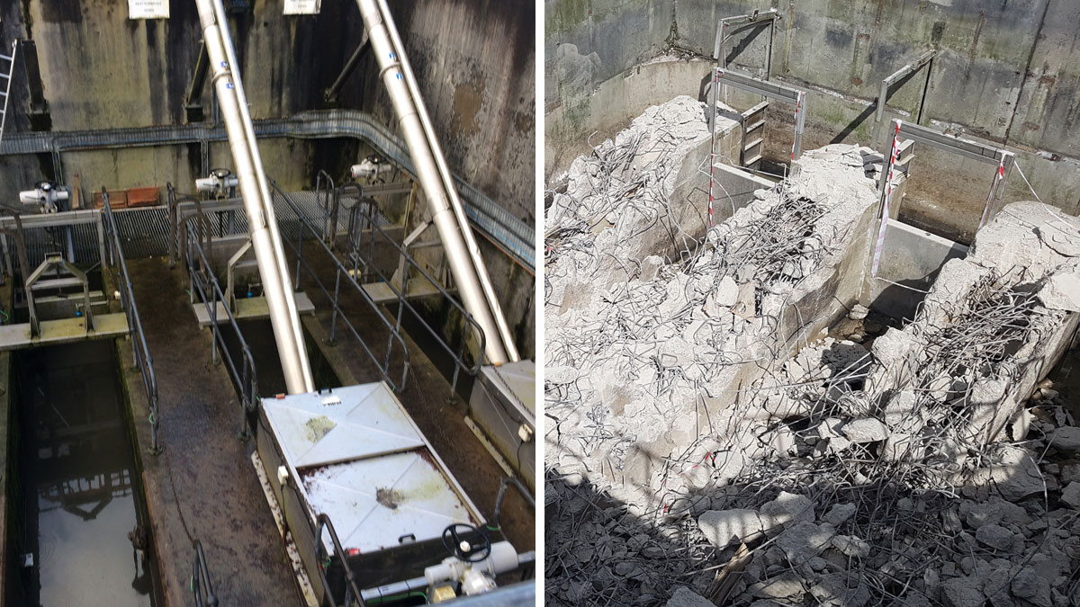 (left) Existing forebay structure with plant and equipment and (right) removal of existing equipment and demolition of the walls in the chamber - Courtesy of BSG Civil Engineering Ltd