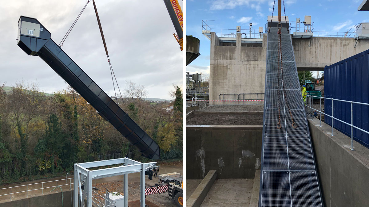 (left) Spaans Babcock screw pump being lifted in and (right) screw pump #3 in position - Courtesy of BSG Civil Engineering Ltd