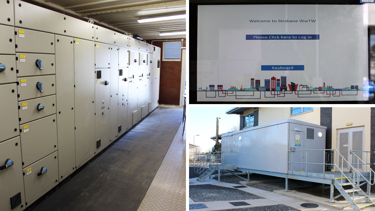 (left) New inlet works MCC, (top right) SCADA screen and (bottom right) as built MCC kiosk - Courtesy of BSG Civil Engineering Ltd