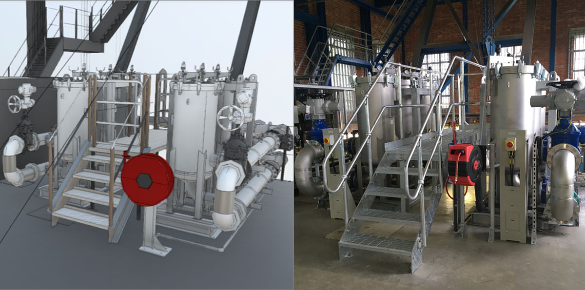(left) Dalton GWS design model and (right) as built filter installation - Courtesy of Northumbrian Water