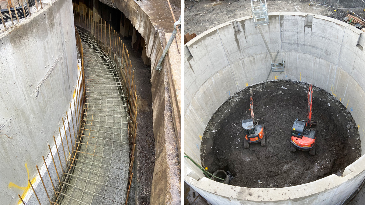 (left) First half of collar pour showing polystyrene to assist the sinking process and (right) Phase 2 excavation works undermining shaft walls - Courtesy of BSG Civil Engineering Ltd