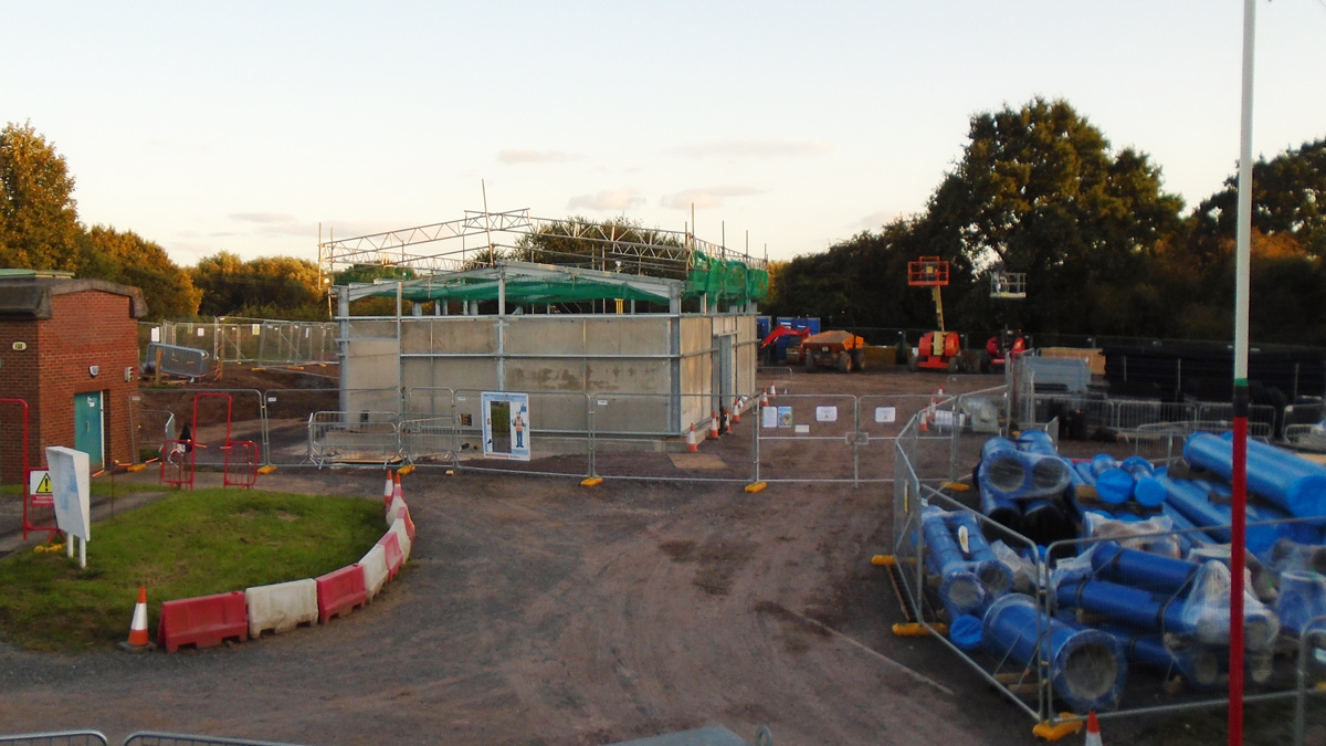 Construction of the steel frame portal treatment building - Courtesy of MMB