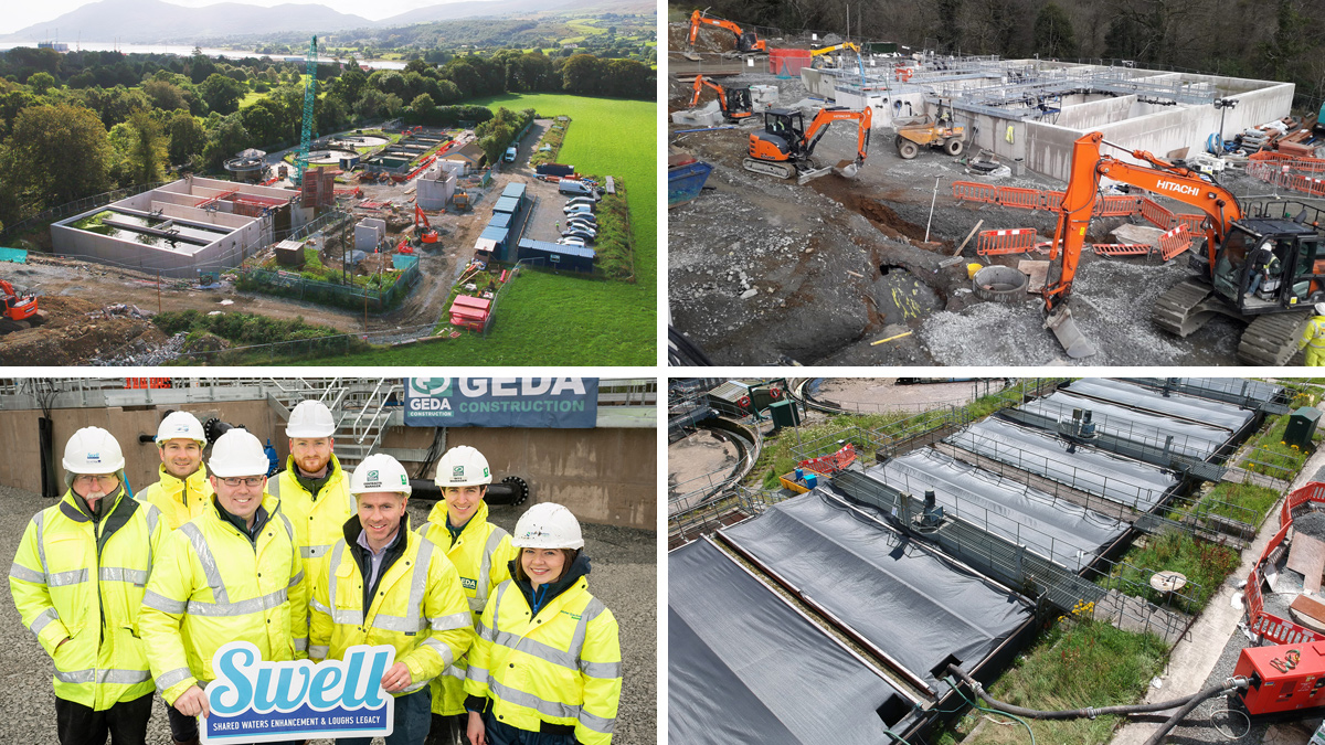 (top left) aerial view of site - September 2019, (top right) Construction progress - January 2020, (bottom left) The Warrenpoint project team and (bottom right) Old aeration tanks covered for COVID-19 - Courtesy of NI Water SWELL