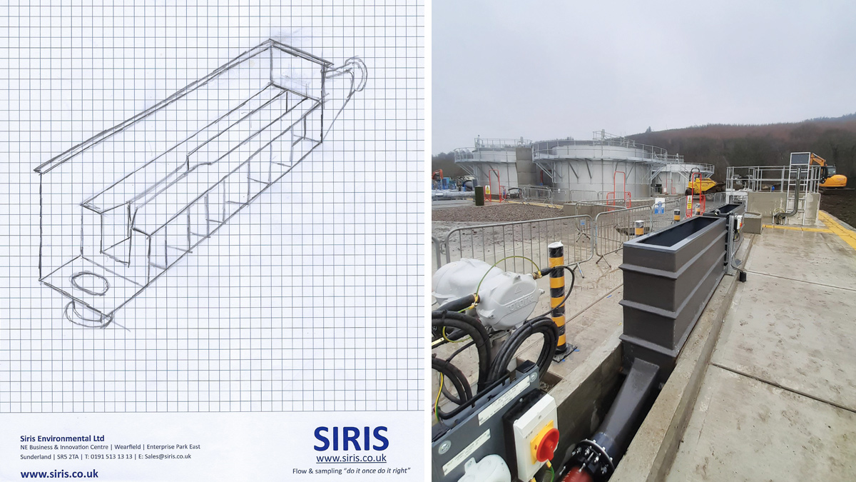 (left) An early stage sketch of the flume design and (right) the off-site manufactured flume fitted into the inlet works - Courtesy of Siris Environmental and Wood