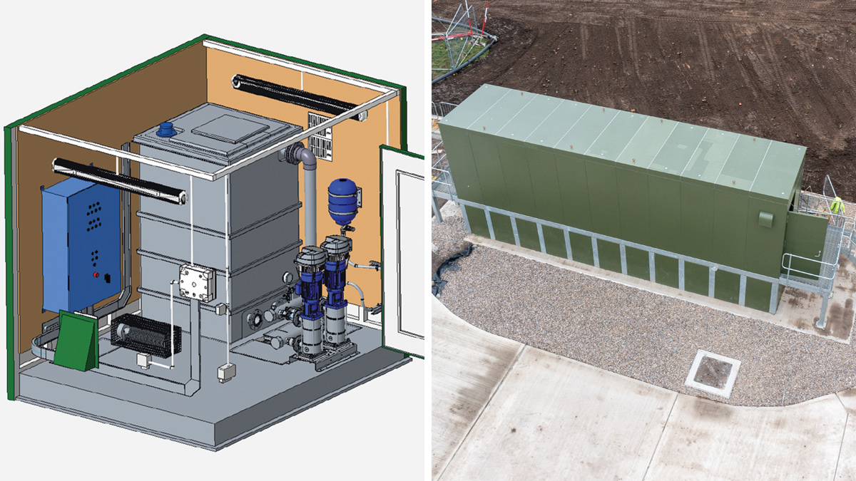 (left) A 3D model render of the washwater booster set - Courtesy of Wood and (right) aerial image of the iMCC kiosk - Courtesy Tilbury Douglas
