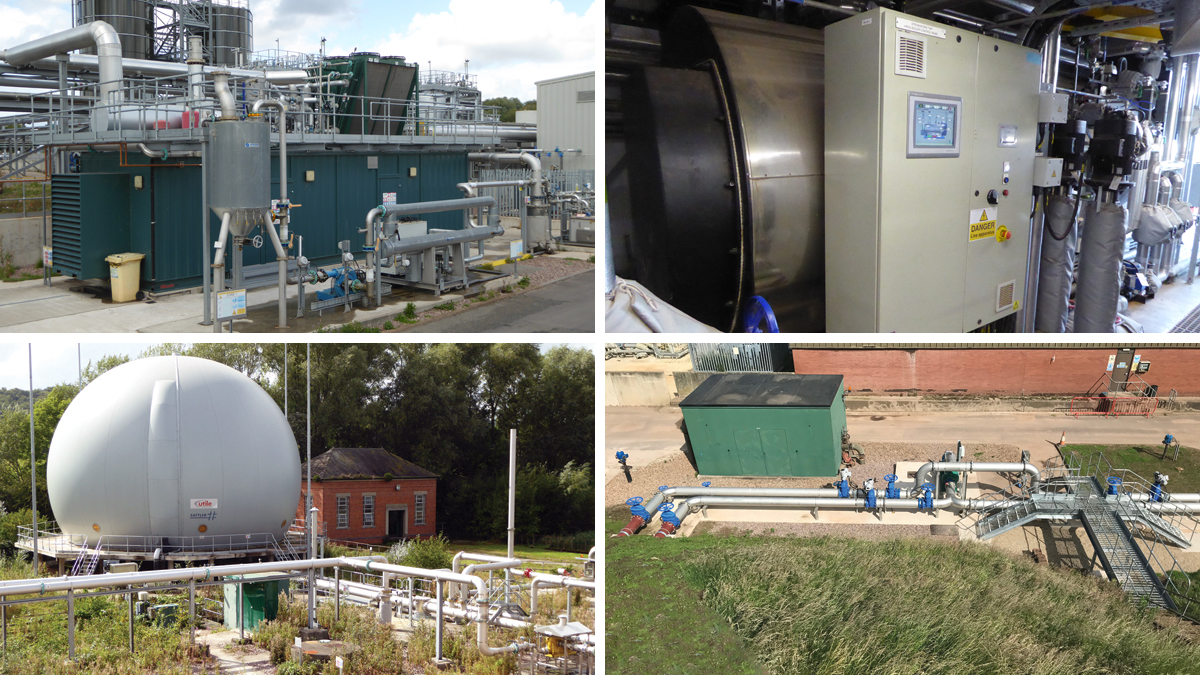 (top left) Biogas CHP unit, (top right) HRSG boiler, (bottom left) Utile Engineering gas bag and (bottom right) digested sludge pump mixing system - Courtesy of Severn Trent