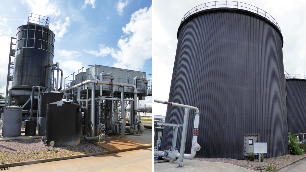 (left) Centrifuges and sludge cake silos and (right) digester bank - Courtesy of Severn Trent