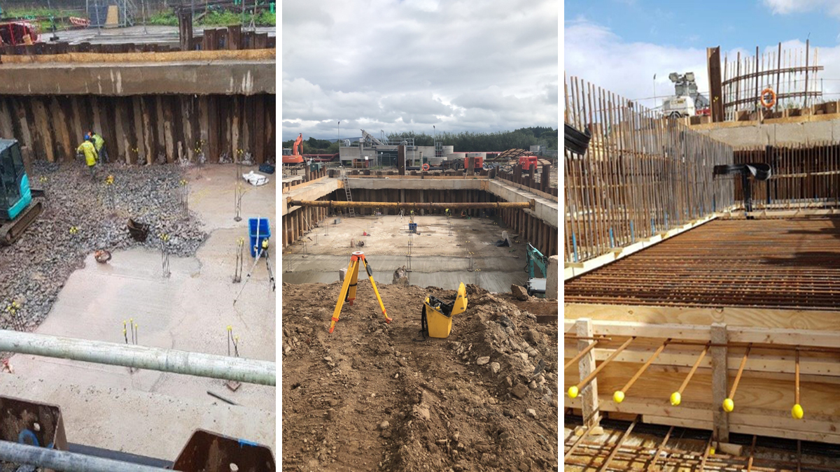 (left) ASP tank stone placement, (middle) piles cropped, and mud mat poured for the base ready for reinforced concrete and (right), base was poured in 2 sections; photo shows pour 1 - Courtesy of BSG Civil Engineering