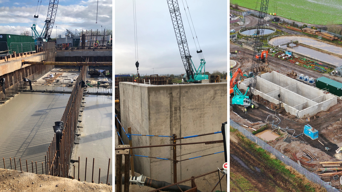 (left) base pour 2, (middle) one of 17 wall pours and (right), finished constructed tank with piles being removed and backfilled - Courtesy of BSG Civil Engineering